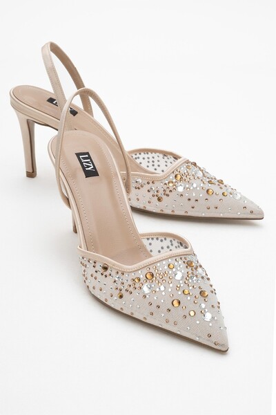 Lizy Shoes فستان سهرة بيج مع كعب حجري للنساء