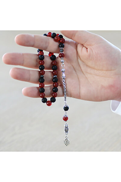 Tesbihane Non-Tarnish Metal Albanian Tassel Sphere Cut Red Black Onyx Agate Natural Stone Fan Prayer Beads M1