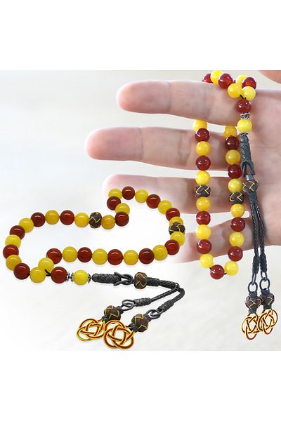 Tesbihane 1000 فضة كازاز شرابة قطع كروية أصفر أحمر اليشم العقيق الحجر الطبيعي مروحة المسبحة