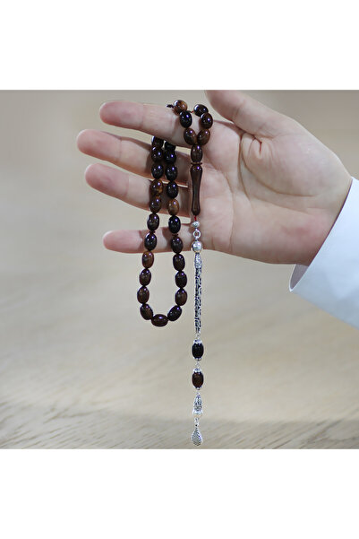 Tesbihane Ασημένια αλυσίδα 925 με φούντα, κομμένη από καφέ-μαύρο καλαθίδιο ιμάμε, καλαθίδιο ιμάντας καθαρισμού καλαθίδιος ιμάντας