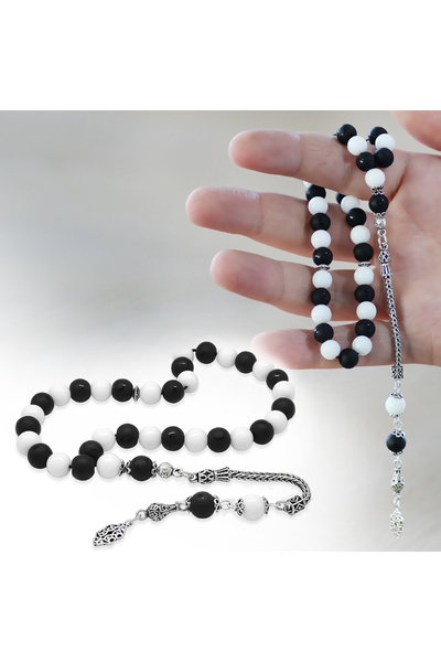 Tesbihane 925 проба срібла, хвіст лисиці з бахромою, кулястий виріз, чорно-білий нефрит, місячний камінь, онікс, натуральний камінь, намисто для шанувальників