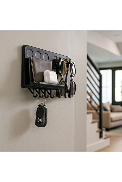 Tasarım Çok Fonksiyonlu Duvar Anahtarlık Askısı – Raflı Gözlük Tutuculu Organizer