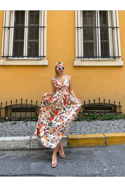 Stil Sepeti Rochie maxi din poplin cu șireturi, cu decolteu în V, portocaliu, cu detaliu de corset, cu umăr împodobit ELY-1000475210