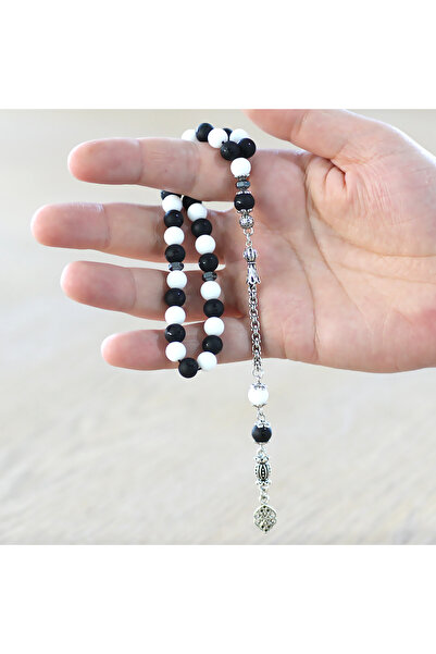 Tesbihane Non-Tarnish Metal Albanian Tassel Sphere Cut Black White Jade Moon Star Onyx Natural Stone Fan Prayer Beads M2