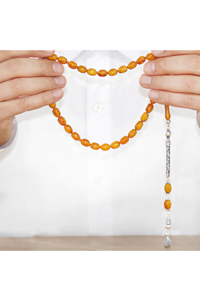 Tesbihane Καταλινικό ροζάριο από ασήμι 925 με αλυσίδα King Chain, φούντα και κρεμαστό κόσμημα με κομμένο μουσταρδί κίτρινο χρώμα