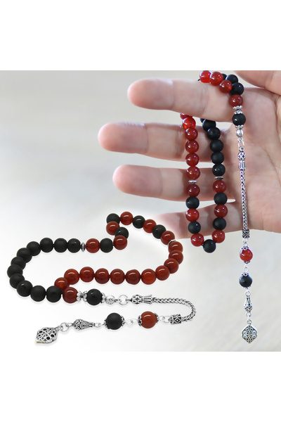 Tesbihane 925 стерлингово сребро, топка с пискюл, червено-черна полумесечна луна, оникс, агат, естествен камък, ветрило, молитвени броеници