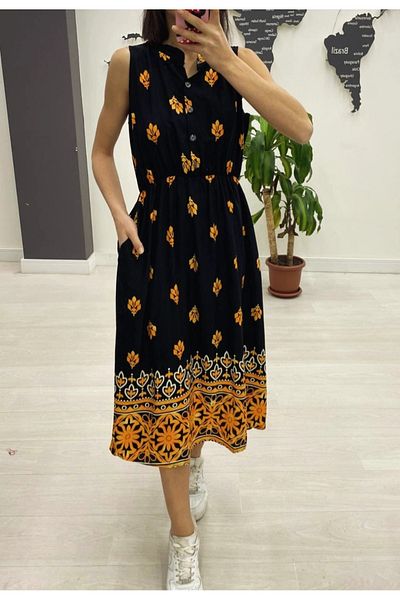 atelyu Women's Viscose Button Dress with Elastic Waist