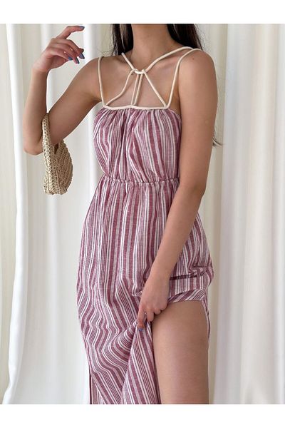 Stil Sepeti Women's Red Striped Strap Collar Rope Detail Elastic Waist Midi Linen Dress Tll-10047020