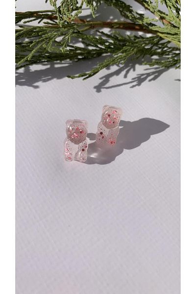 MISS GOLDEN Transparent Epoxy Pink Glitter Decorated Silver Accessory Teddy Bear Shape Earrings Handmade Gift