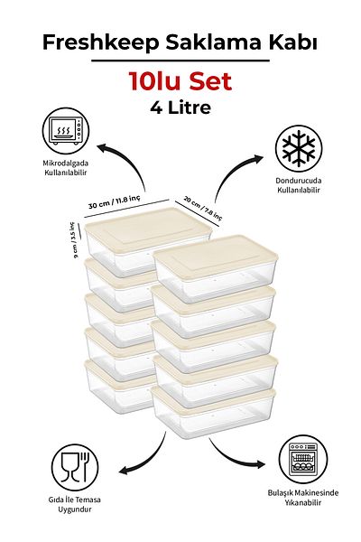 bizimevde 10-Piece Storage Container 4 Liter Deep Freezer Microwave Compatible
