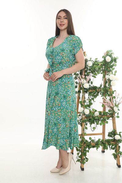 etselements Rochie roz de vară cu model de flori și curea cu nasturi 408 verde