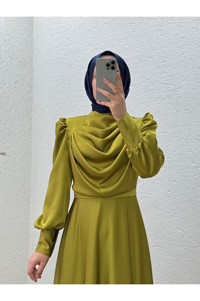 MİHRA STORE Orelenya Gathered Front Satin Evening Dress-Ge8112 Oil Green