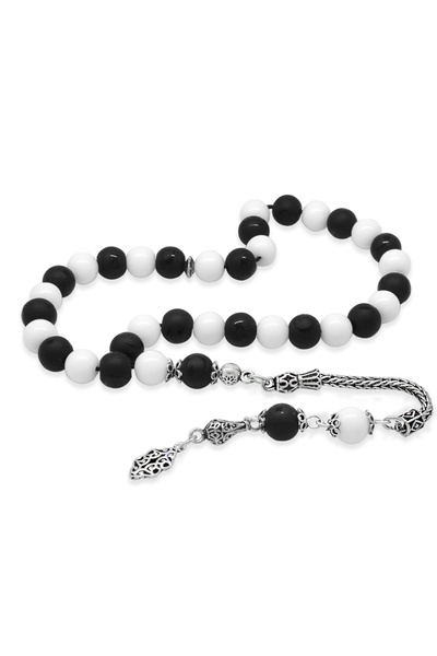 Tesbihane 925 проба срібла, хвіст лисиці з бахромою, кулястий виріз, чорно-білий нефрит, місячний камінь, онікс, натуральний камінь, намисто для шанувальників