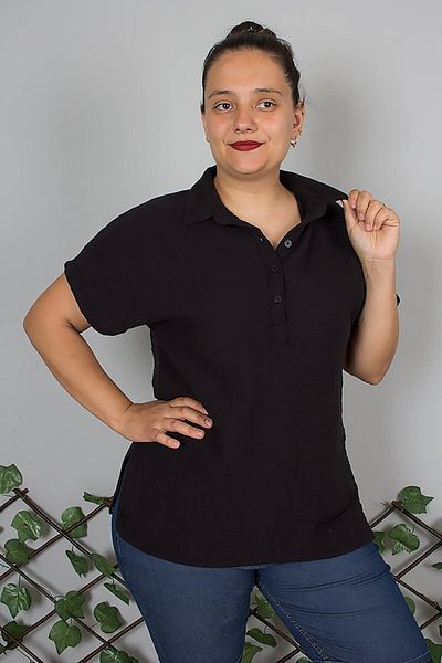 Truva XXL Shirt Collar 100% Cotton Muslin Fabric Buttoned Blouse Black – Breathable Comfortable Design