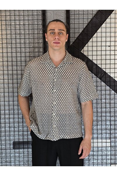 Geco Ekru Black Pattern Short Sleeve Shirt
