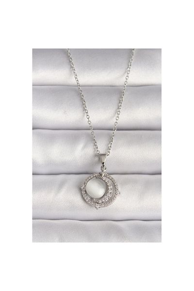 Skygo 316L Steel Silver Color Zircon Stone White Pearlescent Crescent Model Women's Necklace - Tj-Bko9702