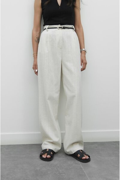 Havoş Natural Knitted Belted Linen Trousers