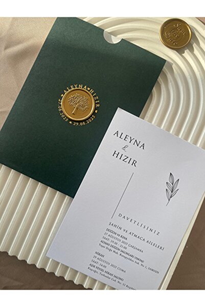 emindijital Yeşil Zarflı Gold Mühürlü Yaldızlı Nikah, Nişan, Kına, Düğün Davetiyesi - 100 Adet