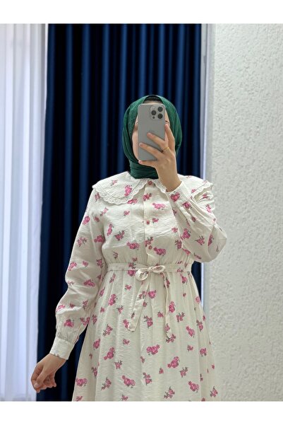 MİHRA STORE Oreledra στρογγυλός γιακάς Φόρεμα με λουλούδια με ελαστική μέση-AY8650 Ροζ