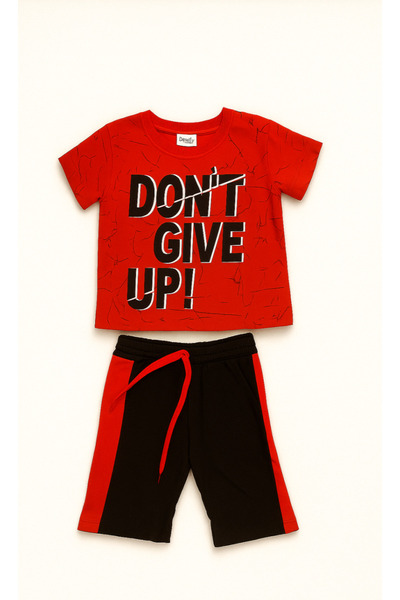 ETİC MODA Boys' "Don'T Give Up!" Printed Short Sleeve T-Shirt & Black-Red Shorts Set