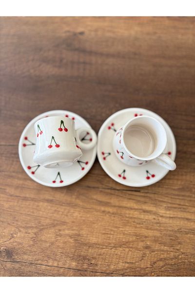 şeffafavm Cherry Embossed Patterned Handmade Ceramic Cup 2-Pack