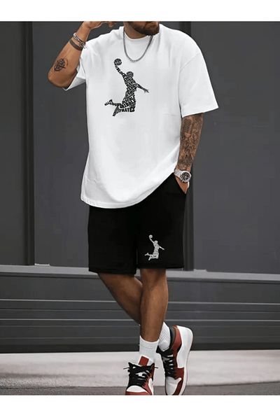 DEEPSENSE Men's White T-Shirt Black Combed Cotton Travel Printed Short Suit