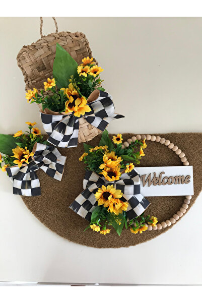 Zelis Design Mackenziye Kurdeleli Ahşap Boncuklu Kapı Süsü Coco Paspaslı Posta Sepeti 3`lü set