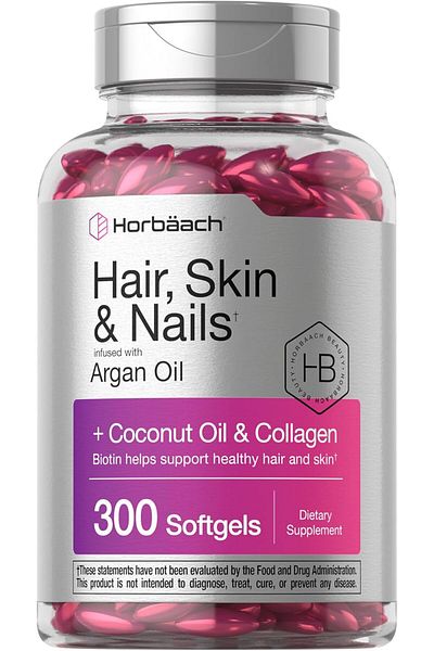 Horbäach Hair Skin and Nails Vitamins | 300 Softgels | with Biotin and Collagen | Infused with Arga