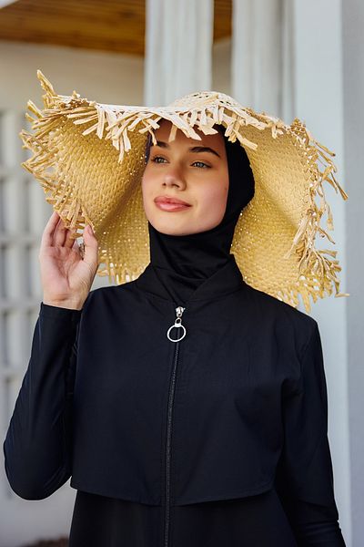 Remsa Mayo Straw Beach Hat with Fringe Detail Rş-2108 Beige