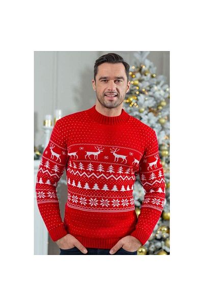 SIKS Men's Sweater with Christmas Themed Print, Red, Size M-L