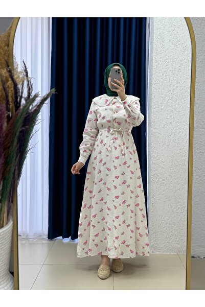 MİHRA STORE Oreledra στρογγυλός γιακάς Φόρεμα με λουλούδια με ελαστική μέση-AY8650 Ροζ