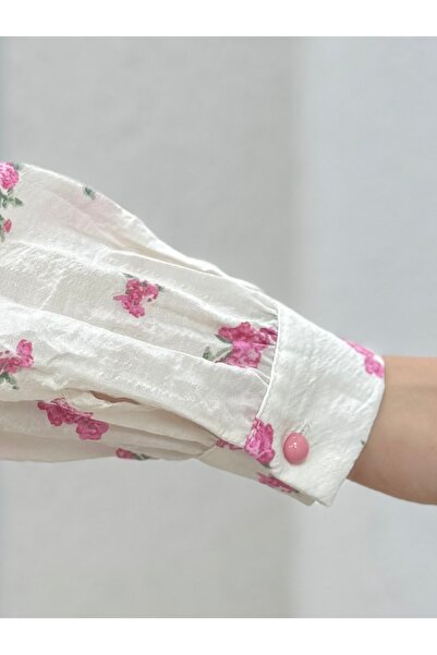 MİHRA STORE Oreledra στρογγυλός γιακάς Φόρεμα με λουλούδια με ελαστική μέση-AY8650 Ροζ