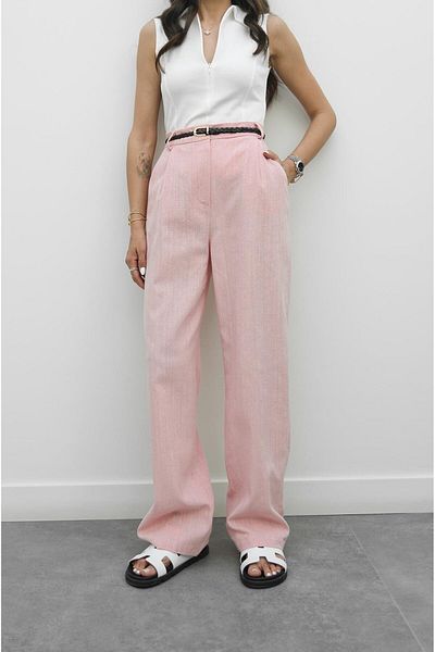 Havoş Pink Knitted Belted Linen Trousers