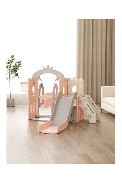 FULLJOY L-Shaped Tower Slide & Swing 145 + Ball & Basketball Frame + A-Shaped Crown (Closed)