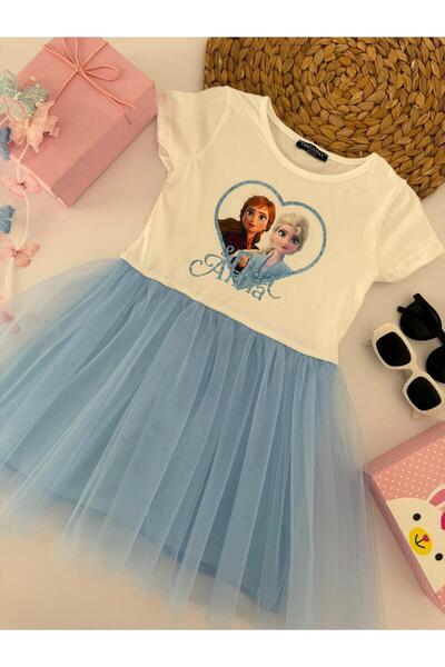 minnoşkidsbutik Kız Çocuk Mavi Elsa Anna Tüllü Elbise