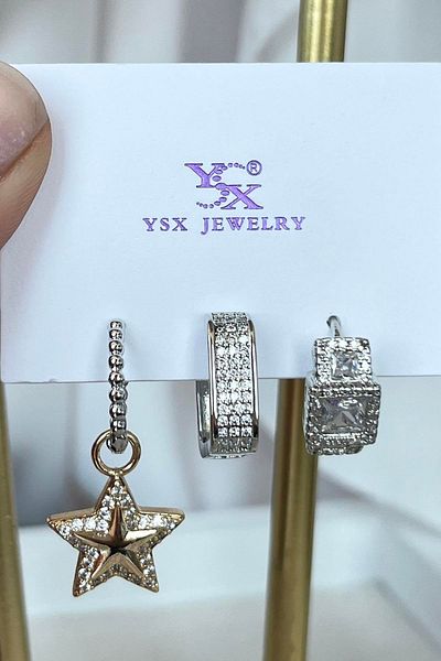 TAKIŞTIR مجموعة أقراط YSX مكونة من 3 قطع بتفاصيل حجرية فضية اللون