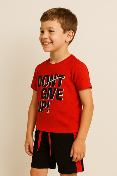 ETİC MODA Boys' "Don'T Give Up!" Printed Short Sleeve T-Shirt & Black-Red Shorts Set
