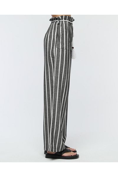 Stil Sepeti Women's Anthracite Striped High Waist Knitted Belt Double Pocket Linen Trousers Tll-100723010