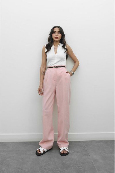 Havoş Pink Knitted Belted Linen Trousers