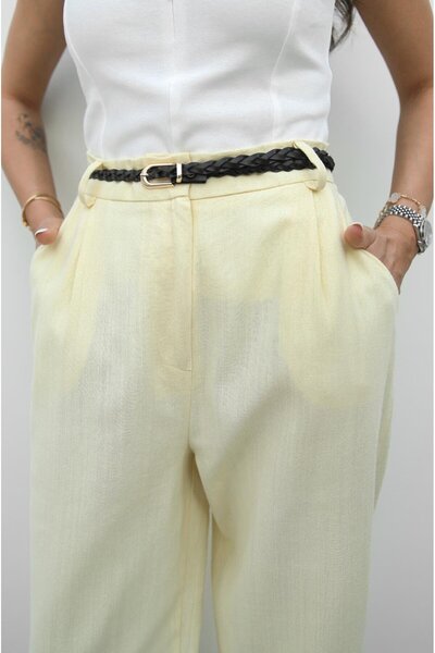 Havoş Light Yellow Knitted Belted Linen Trousers