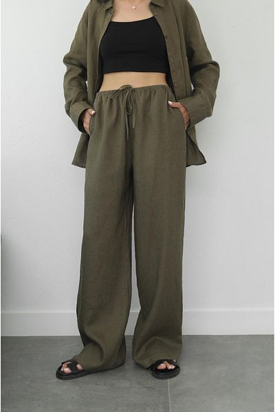 Havoş Khaki Elastic 100% Linen Trousers
