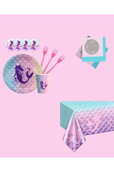 Evabrite Mermaid 32 Person Birthday Party Set - Mermaid Concept Party Decorations