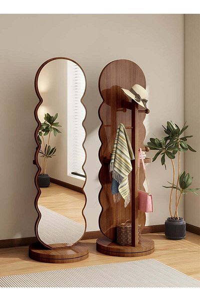 Taimi Wavy Swivel Mirror with Clothes Hanger and Storage Shelf for Living Room Walnut Color 166x46cm