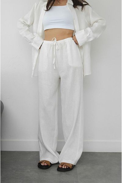 Havoş White Elastic 100% Linen Trousers