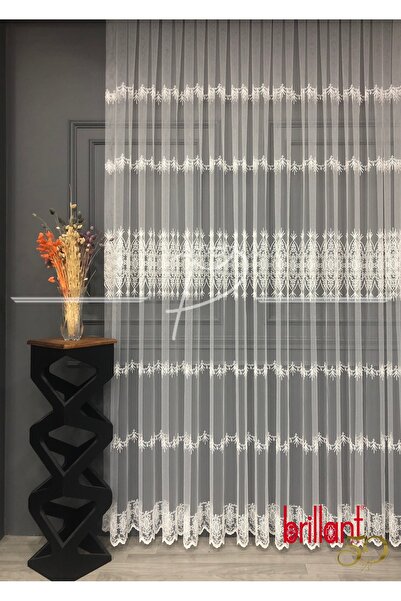 Brillant Yaren Brode İşlemeli Tül Perde – Sık Pileli, Kornişe Hazır