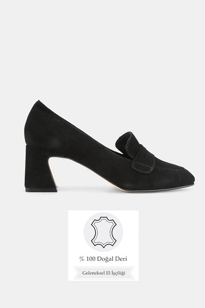 TUNAELLİ Women's Black Suede Genuine Leather 35-41 Number Medium Heel Loafer Shoes