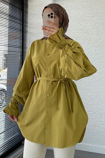 MELEK ARAZ Oversize Cut Ankle Detailed Poplin Tunic - Fat Green