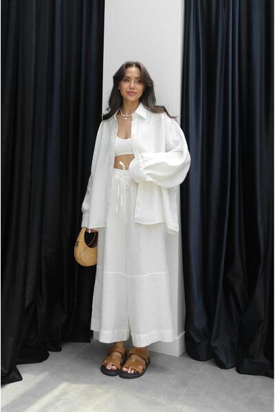 Havoş White Stitching Detailed 100% Linen Trousers