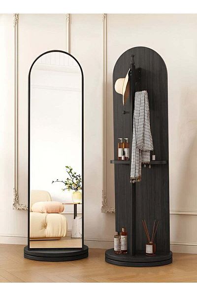 Taimi Arched Mirror with Clothes Hanger Storage Shelf for Bedroom and Living Room Black Color 166x46cm
