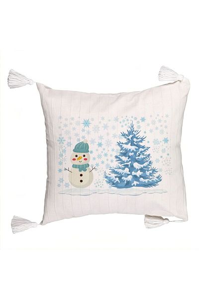 BEKZ Pillowcase with Fringes Snowman and Fir Tree, 45x45 cm, Ecru, With zipper